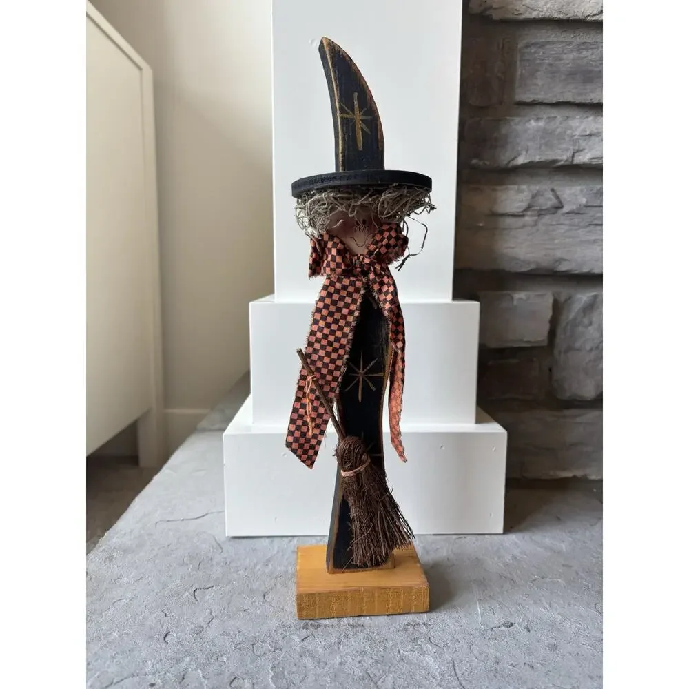 Witch Figure Primitive Wooden Handmade Details Halloween Multimedia Decor Gift